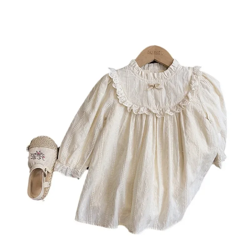 Bowknot Nylon Lace Embroidered Flower Half High Collar Cut-out Princess Dress Autumn Dress Kids Dresses for Girls  Kids