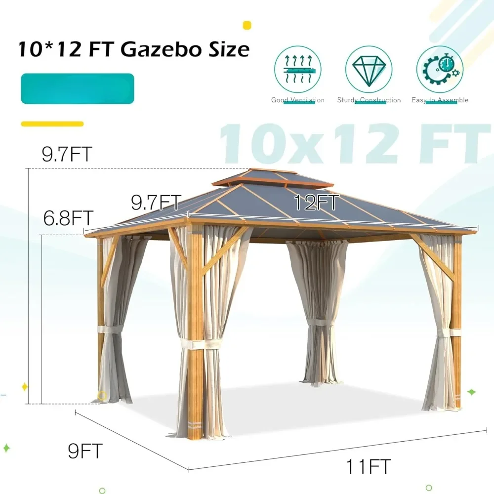 10x12FT Hardtop Patio Gazebo, Wooden Finish Coated Aluminum with Aluminum Composite Double Roof for Lawn and Garden