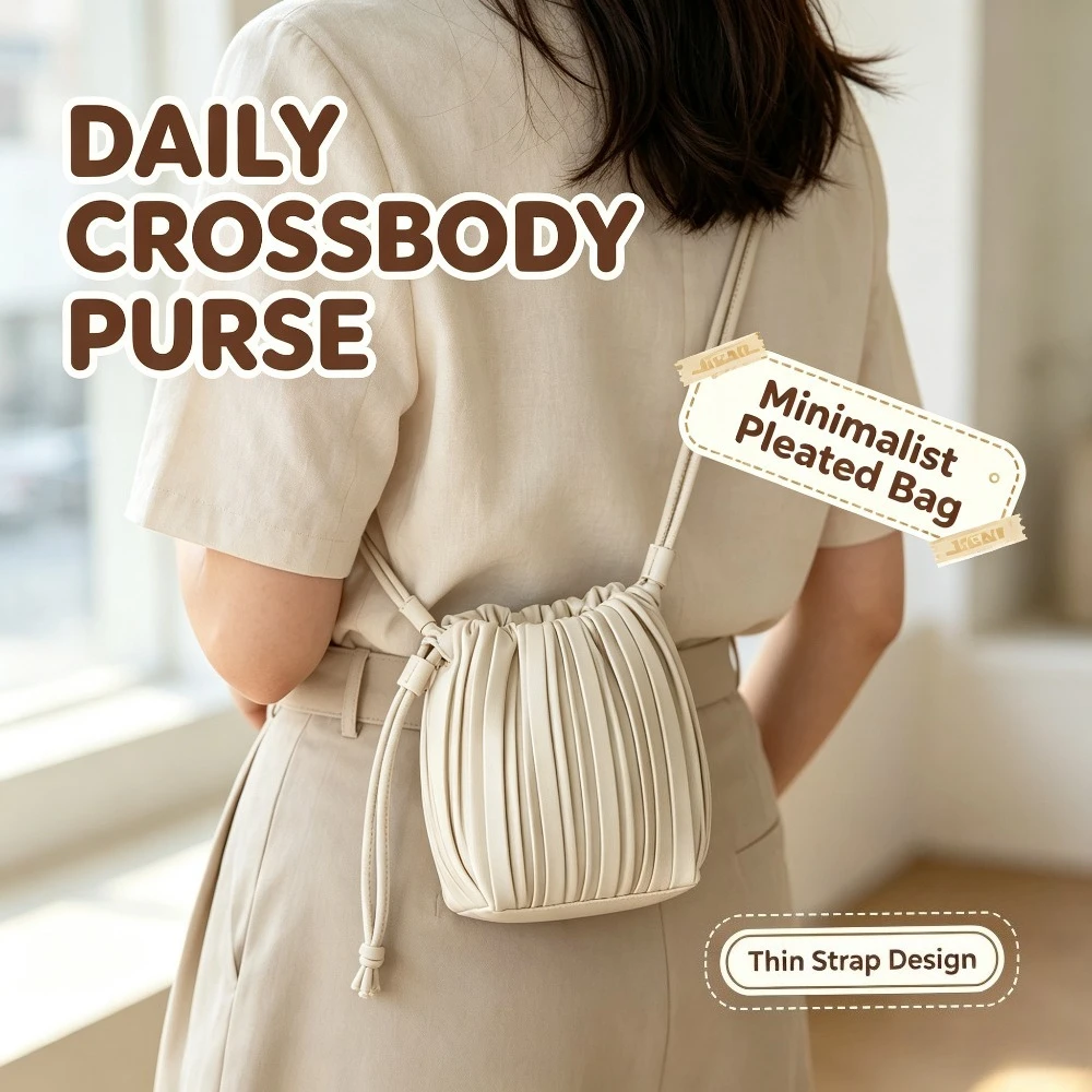 Women New Pleated PU Crossbody Bag,Korean Fashion Versatile Phone Shoulder Bag Small Drawstring Bucket Handbag for Daily Use