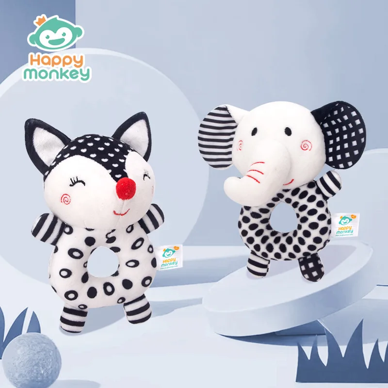 Happy Monkey Newborn Hand Rattle Baby Toy Bell Baby Black and White Toy Fox Elephant Rattle