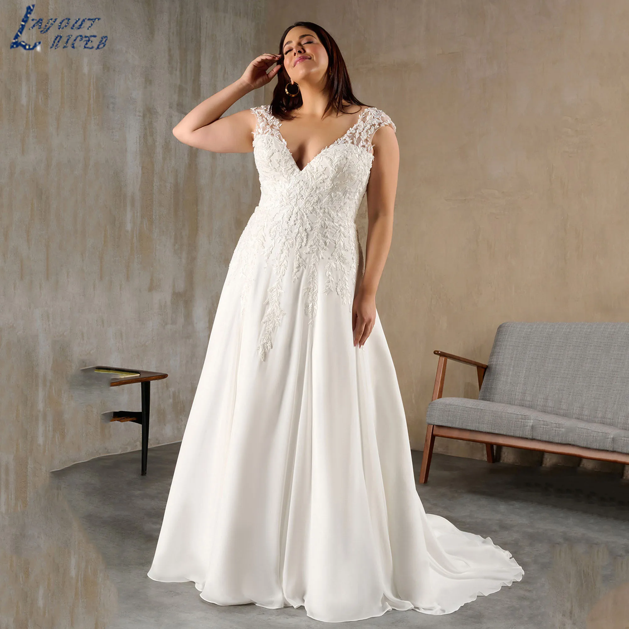 

Oversize Chiffon Lace Wedding Gowns V-neck A-line Appliques Classic Bride Dress Sleeveless Backless vestido de novia Customized