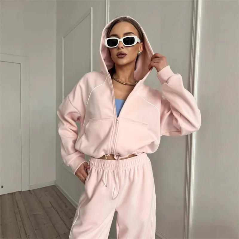 

Amazon Cross-border Leisure Sports Women's Suit Solid Color Long-sleeved Zipper Cardigan Jacket Elastic Trousers Two-piece Set