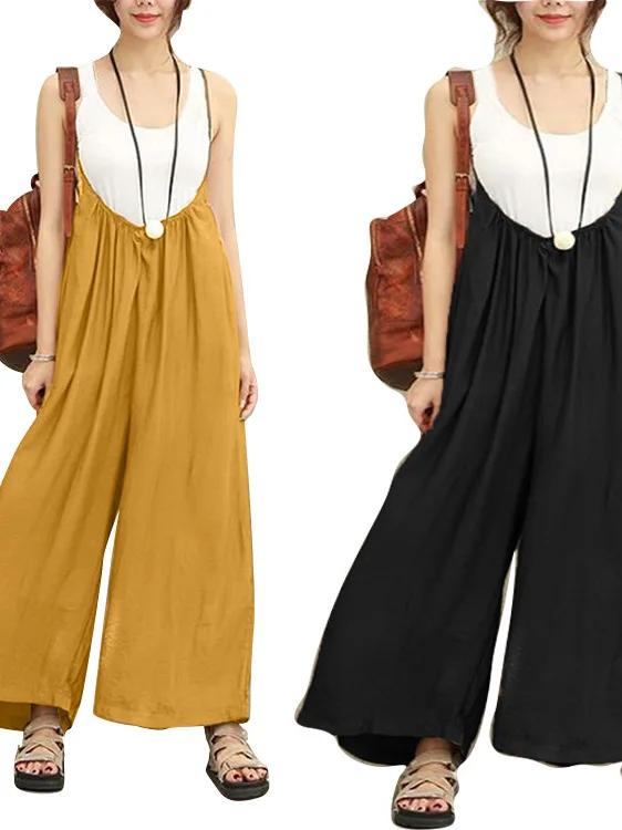 

Женский повседневный комбинезон с высокой талией и прямыми штанинами, с открытыми плечами, свободного кроя, из хлопково-льняной смеси, удобный, легкий, летний наряд