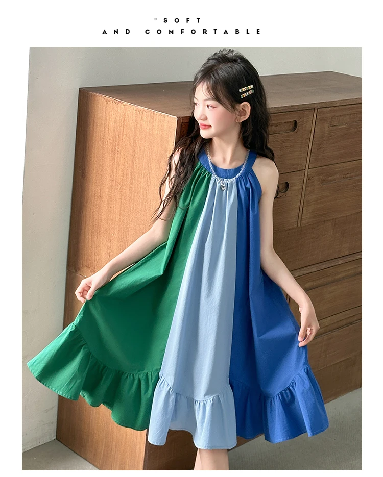 Mädchenkleid mit süßem Farbblock-Design für Sommerkostüme, Baumwolle, hohe Qualität, Kinderkleidung für Alter 7 8 9 10 12 14 Jahre – Detail 4