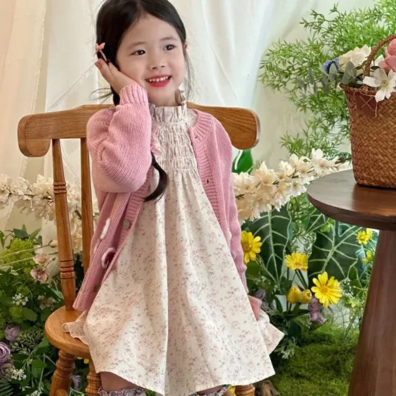 Baby Girls Butterfly Hand Embroidered Knit Cardigan, Crew Neck Coconut Buttons Sweater, Versatile Fall Winter Outerwear