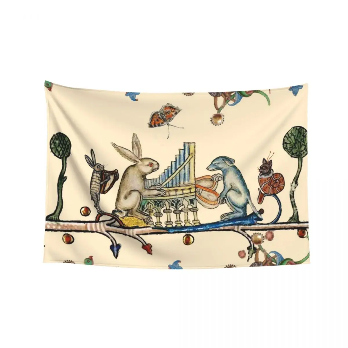 

WEIRD MEDIEVAL BESTIARY MAKING MUSIC,White Rabbit And Dog Playing Organ,Harpist Hare,Snail Cat Tapestry