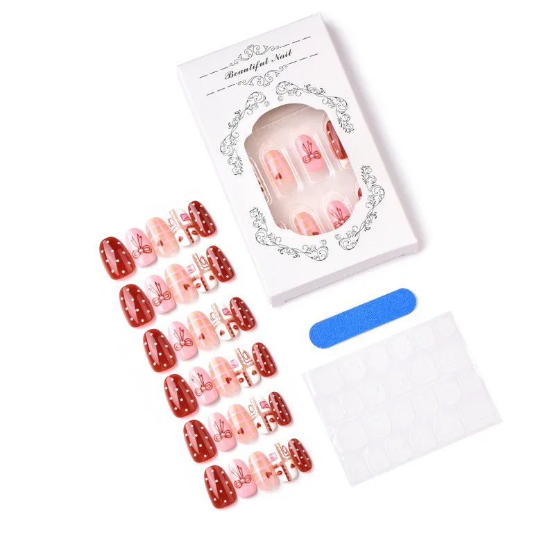 24 SZTUKI Uroczych Paznokci Sztucznych z Kokardkami, Perłami i Sercami, Krótkie Owalne Paznokcie Akrylowe do Naklejania, Słodki Delikatny Styl Ins, Manicure