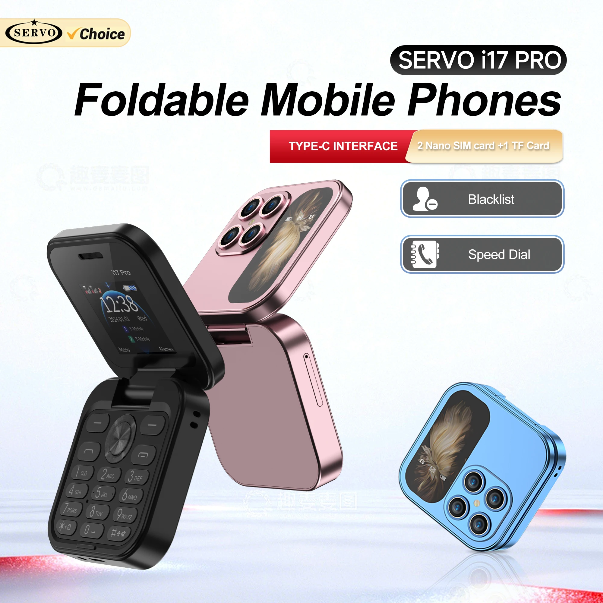 2026 NEW SERVO I17 Pro Mini Flip Mobile Phone 2 SIM Speed Dial Magic Voice Blacklist FM Radio 2G GSM Small Foldable Cellphones