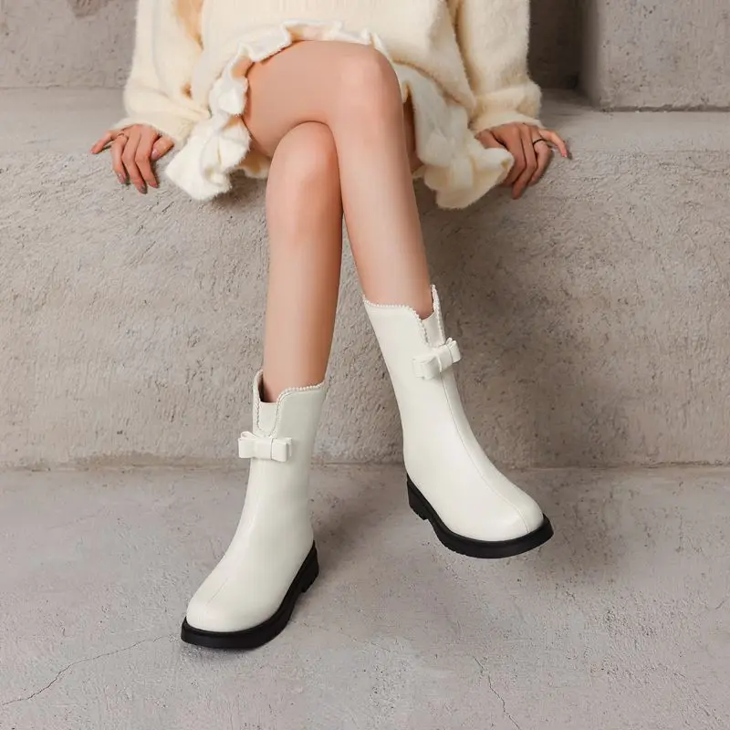 Simloveyo botas femininas de cano médio, bico redondo, salto grosso, 2.5cm, laço, pérola, tamanho pequeno 31 32, princesa, meninas, bota diária