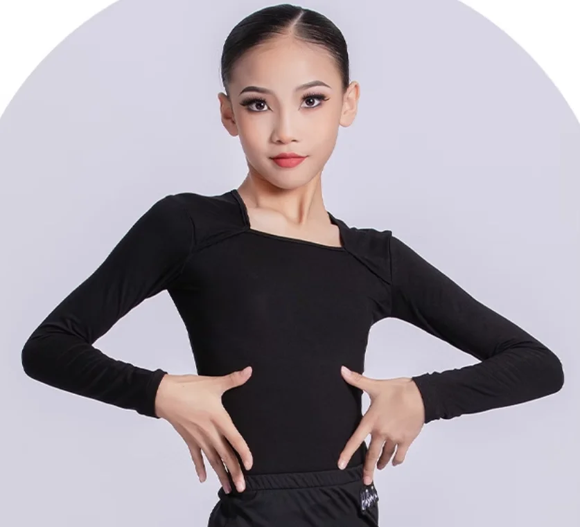 ملابس الرقص اللاتينية للأطفال البنات بأكمام طويلة، سراويل علوية للتدريب، ملابس المنافسة تشا تشا رومبا سامبا