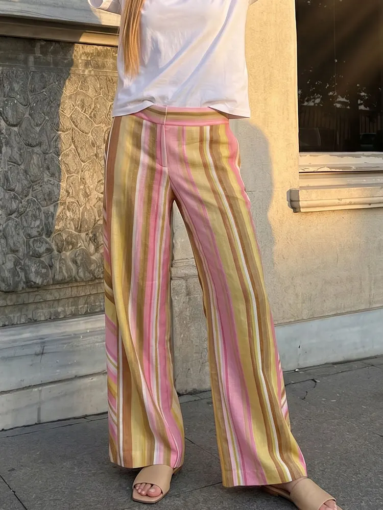 HH Damen Mode Mehrfarbige Gestreifte Hose Lässige Weite Hose mit Reißverschluss Büro-Damenhose Gerade Damenhose