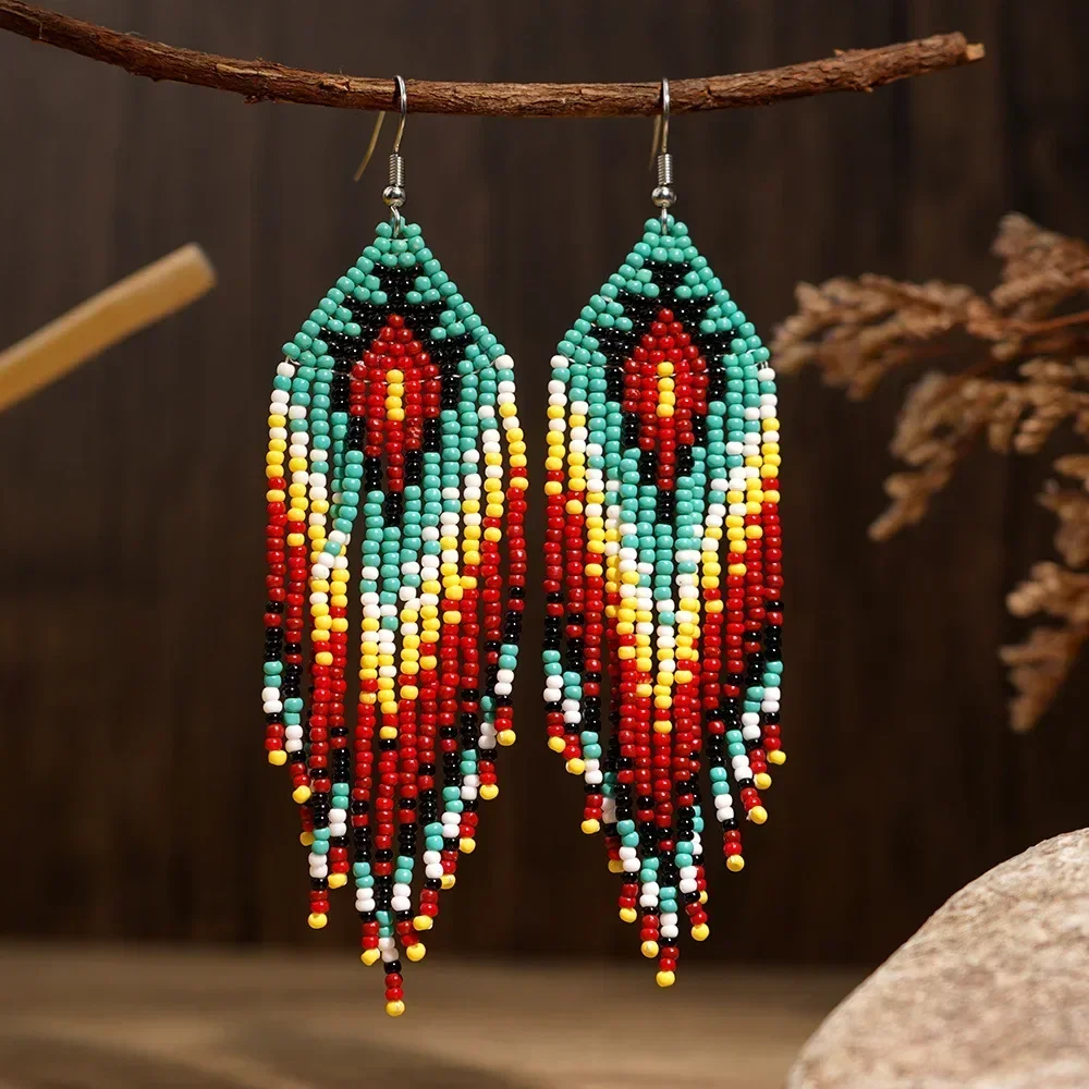 

2025 Handmade Beaded Earrings Tassel Geometry Gradient Color Originality Design Hand Knitting Bohemia Fashion Simple