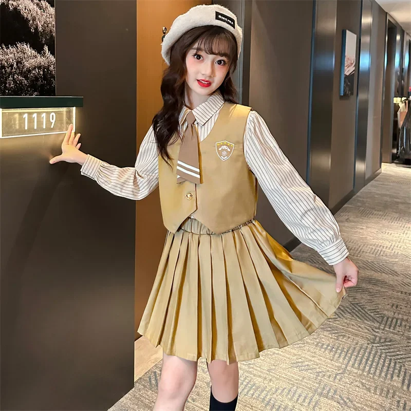 

Spring Autumn School Girl 3pcs Suit Junior Girl Striped Long Sleeve+Single-breasted Vest+Pleated Skirt Set For Girl 4-12Yrs