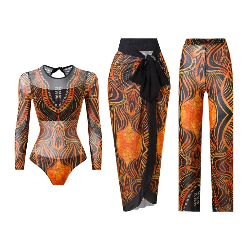 Printed Bathing Suit Women Long Sleeve One Piece Swimsuit Bandage Cover Up Straight Pants Female Beachwear Swimwear Three Piece