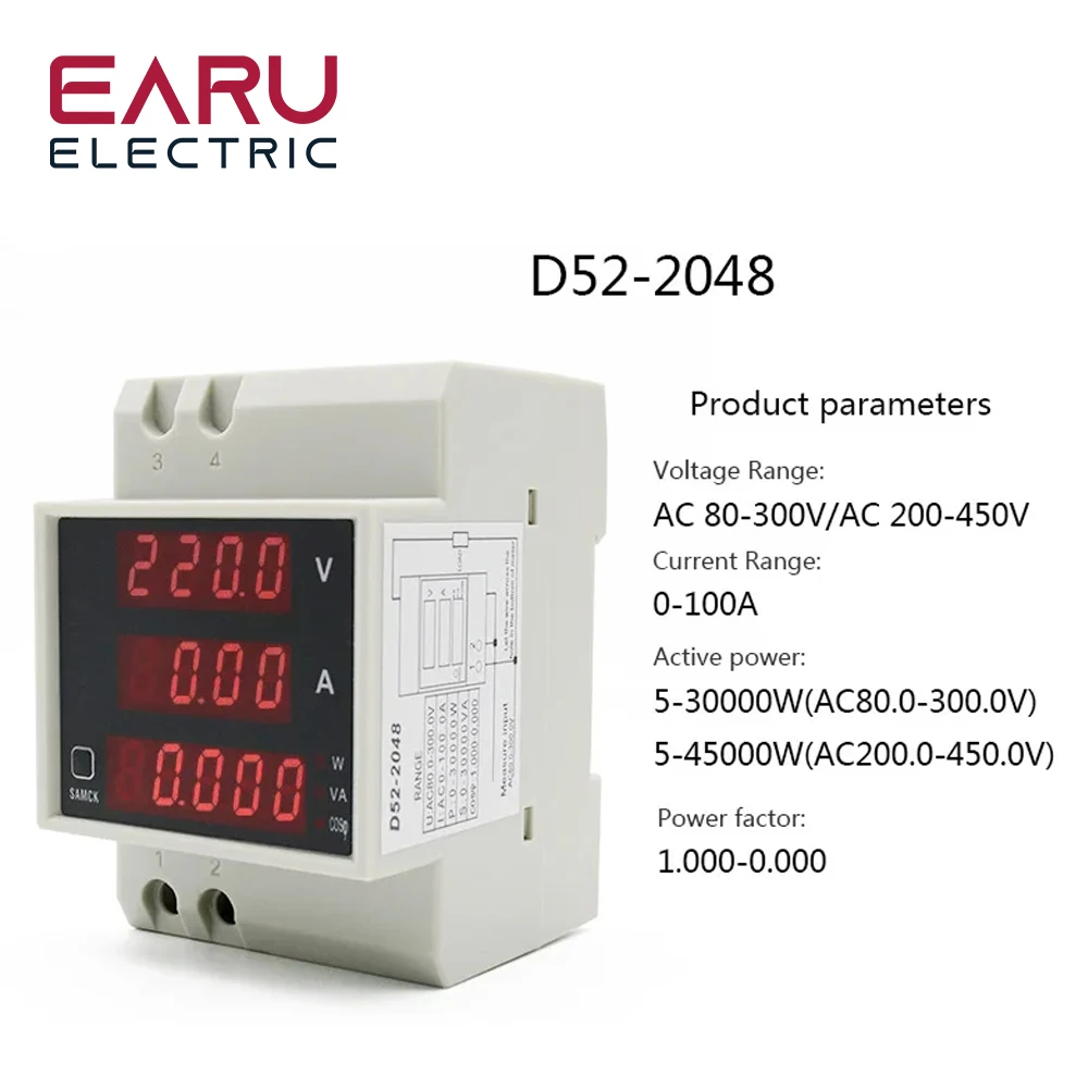 Medidor Digital LED multifunción DIN-rail AC 80-300V 200-450V 0-100A, Factor de potencia activo, amperímetro de energía eléctrica, voltímetro,