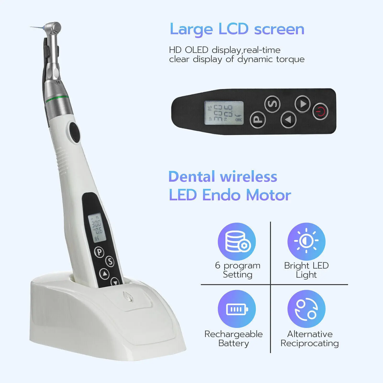 

Dental Wireless Cordless LED Endo Motor 16:1 Contra Angle Root Canal Treament Endodontic