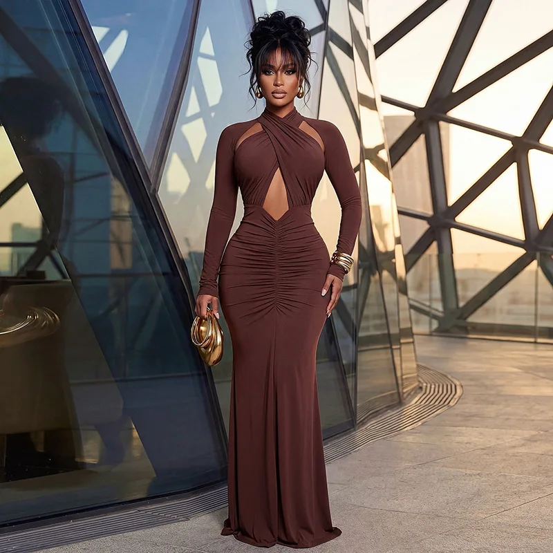 

STYLISH LADY Brown Cutout Mermaid Maxi Dress 2026 Summer Women High Neck Long Sleeve Bodycon Ruched Evening Party Dress
