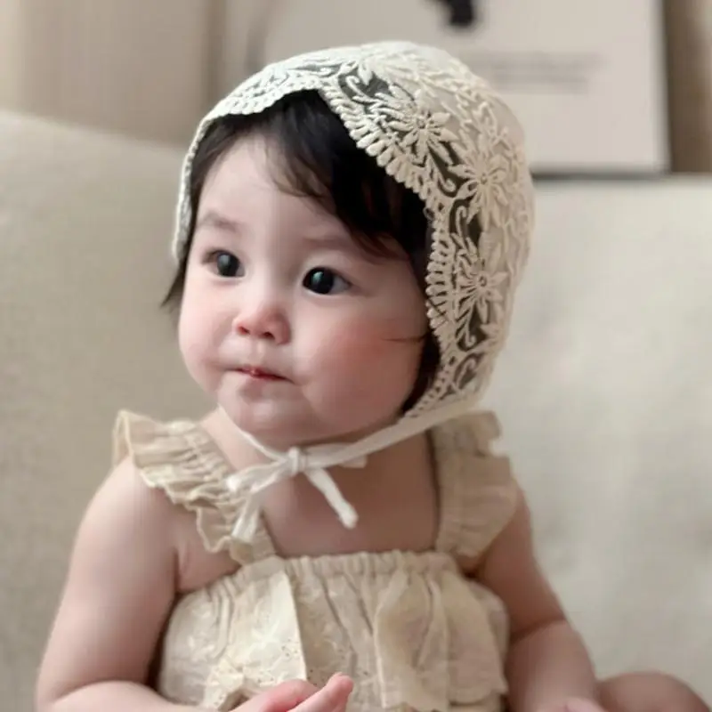 Flower Embroidery Mesh Fabric Lace Flower Hollow Princess Hat Baby Hat Newborn Hat Birthday Photography Prop