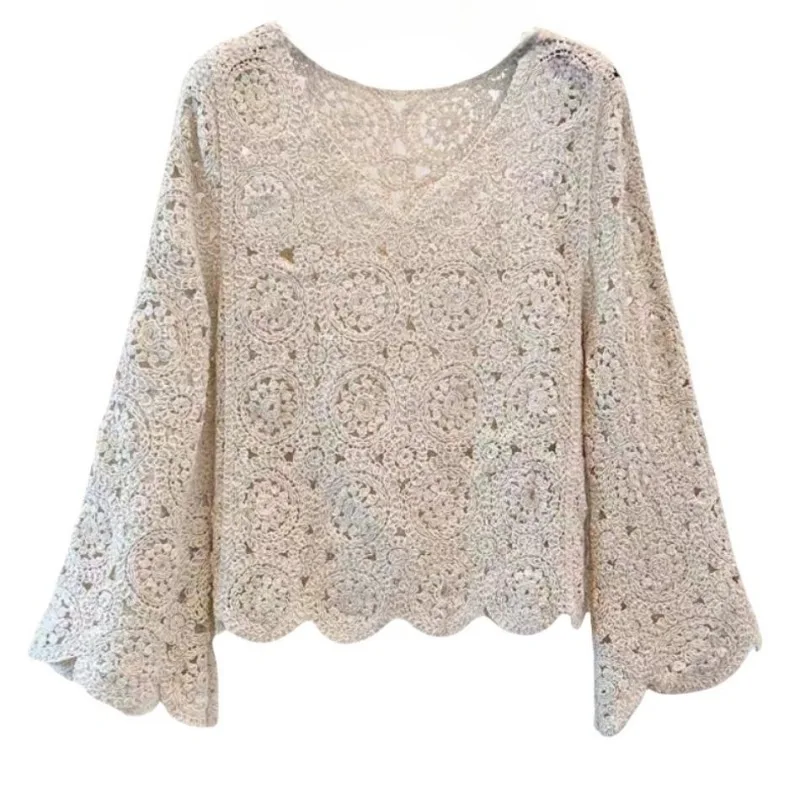 Cardigan tricoté en dentelle au Crochet pour femme, haut à manches longues, col en V, printemps et été