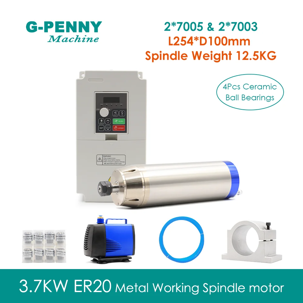 3.7KW CNC Metal Spindle Motor Kit, 400/ 800Hz G-PENNY 100mm Ceramic Bearings, Bullet Type& H100 Inverter& Pump