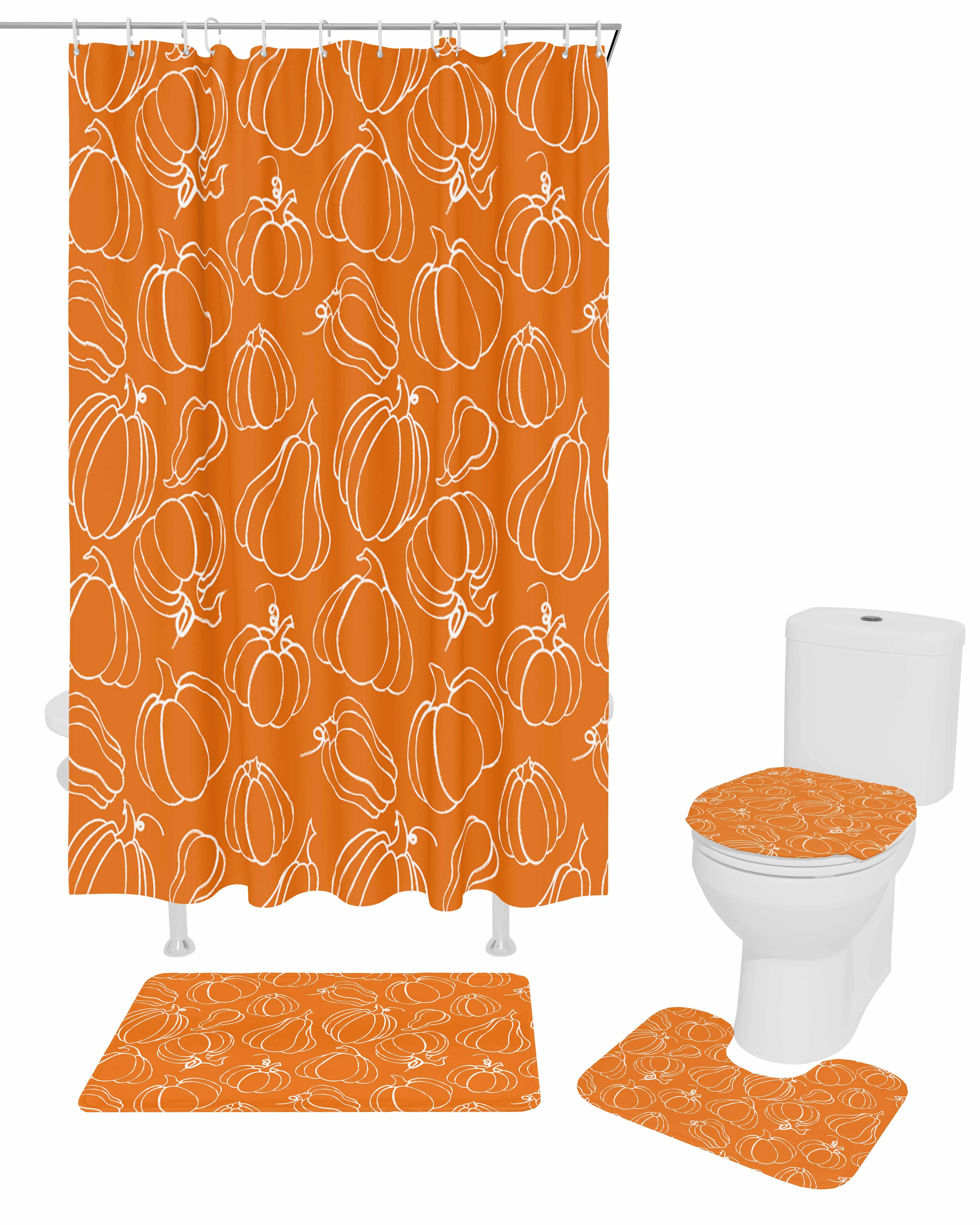 Autumn Orange Pumpkin Polyester printed shower curtain bathroom set,luxurious curtainsabstract 4-piece setcoral fleece floor mat