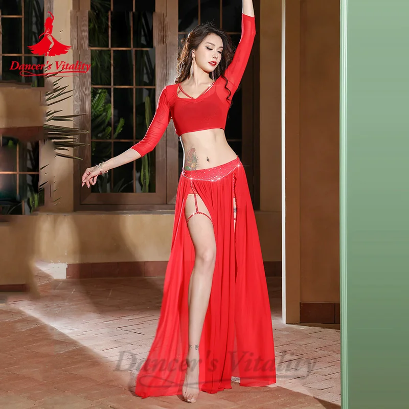 

Belly Dance Costume Set for Women Half Sleeves Top+mesh AB Stones Split Skirt 2pcs Girl's Oriental Performance Clothing Outfit