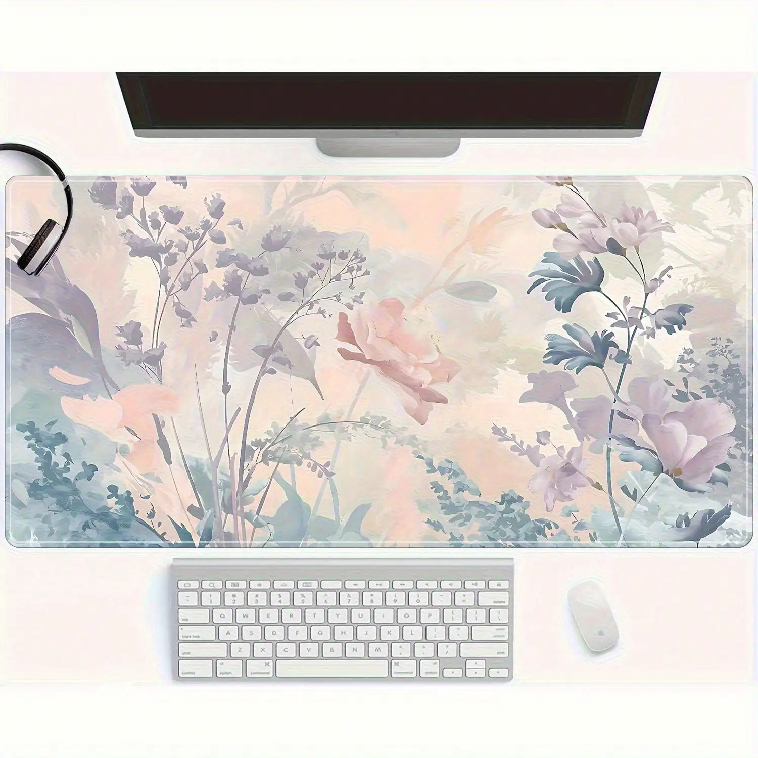 1pc Large Watercolor Purple Floral Gaming Mouse Pad With Stitched Edges & Non-Slip Rubber Base - Durable Cloth Surface, Oval Shape For Office & Home Desk Use