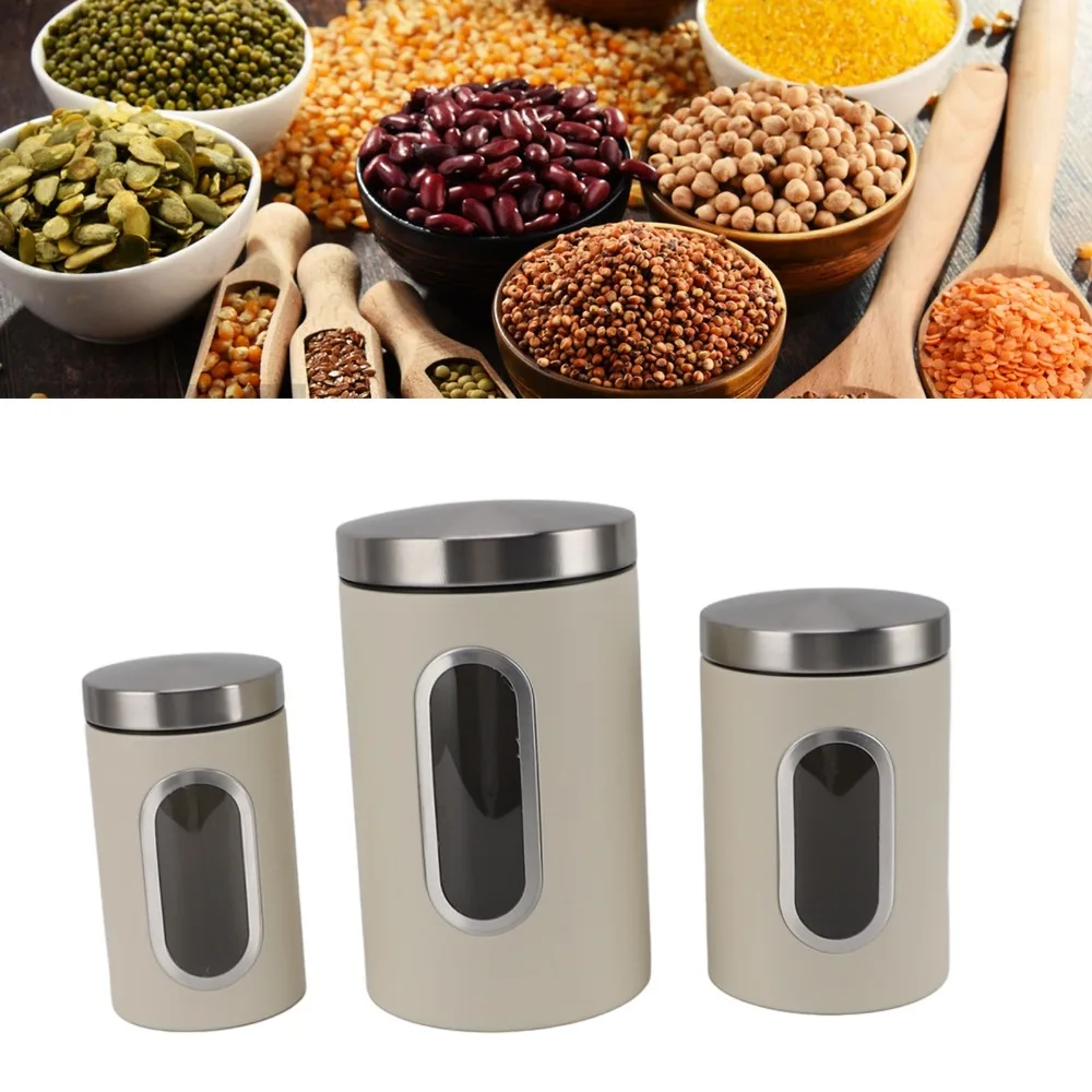 3PCS Clear Iron Kitchen Canisters Set s/m/l Beige/Black Food Storage Jars Coffee Canister Set Home Pantry Use