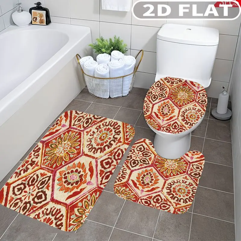

3pcs Bathroom Rug Set Geometric Floral Pattern In Warm Tones Non-Slip Includes Bath Rug Contour Mat and Toilet Lid Cover Mat
