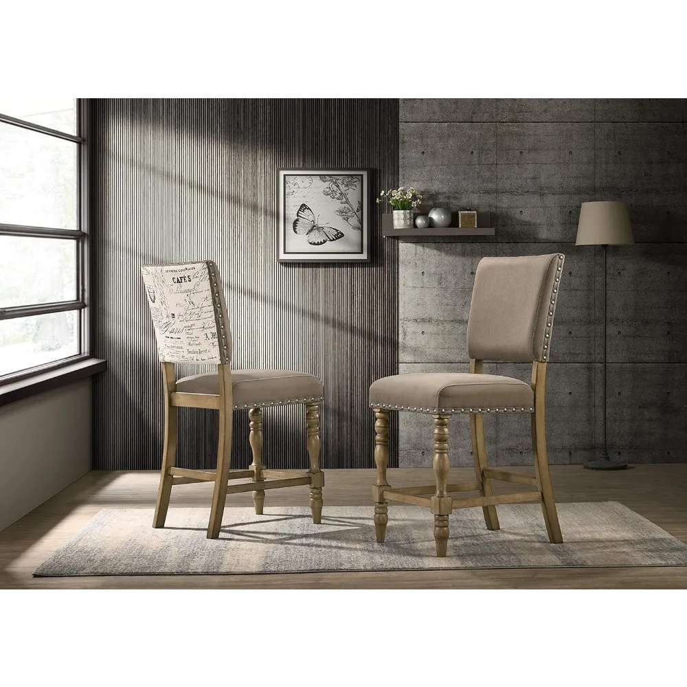 Birmingham Script Driftwood Finish Counter Height Dining Chairs with Nailhead Trim, Set of 2 by Roundhill Furniture