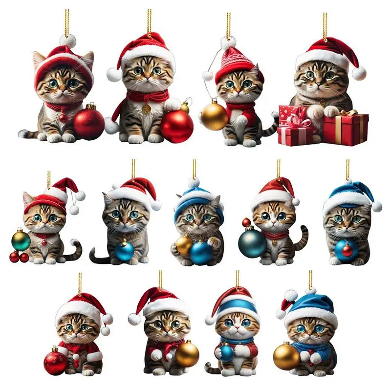 Cartoon Cute Cat Christmas Tree Pendants 2D Acrylic Hanging Ornaments Home Party Christmas Decoration 2024 New Year Gift