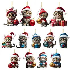 Cartoon Cute Cat Christmas Tree Pendants 2D Acrylic Hanging Ornaments Home Party Christmas Decoration 2024 New Year Gift