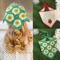 Summer Korean Strawberry Butterfly Triangle Towel Female Sweet Cute Knitted Fashion Hollow Printed Headband Flower Headscarf