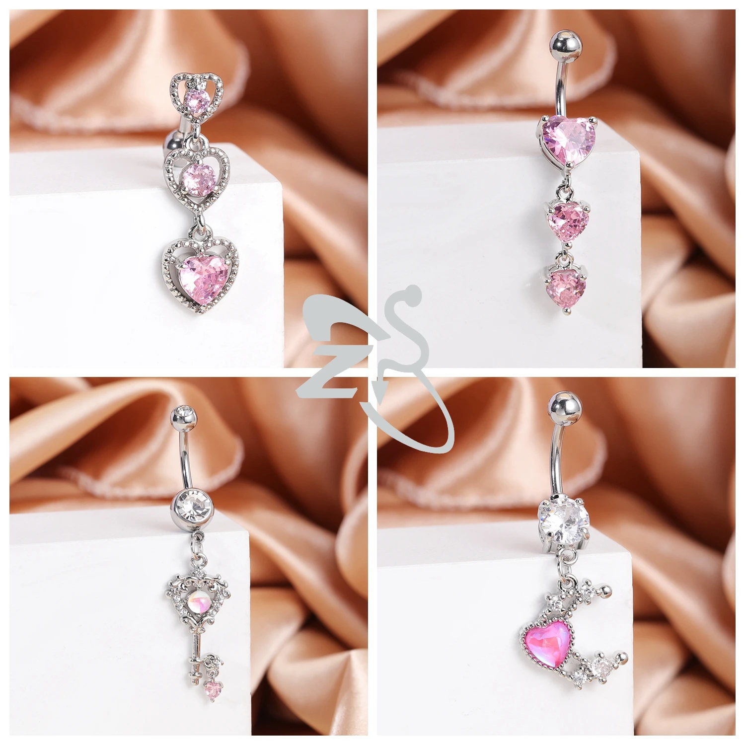 AOEDEJ 1 PC 14G Stainless Steel Belly Button Rings Pink CZ Crystal Pendant Bellys Piercing Women Butterfly Heart Navel Piercings