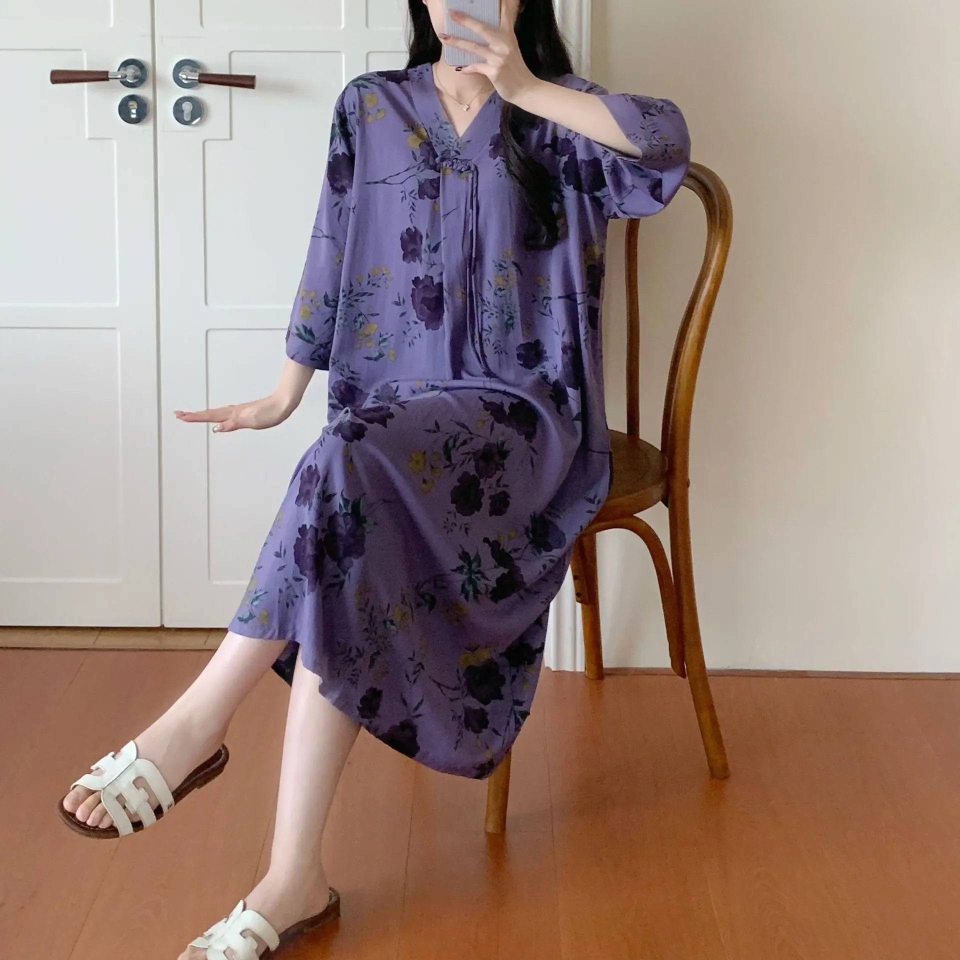 

Long Dress Women Loose Nightgown Summer Spring Loungewear Print Nightdress Female Sleepwear Casual Homewear