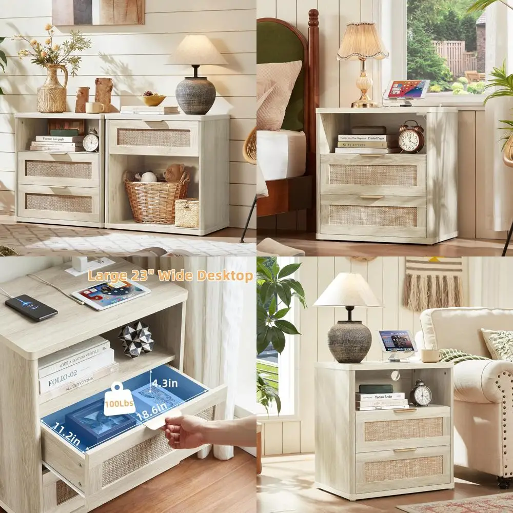 منضدة الروطان المزدوجة على الطراز البوهيمي مع شحن وتخزين لغرفة النوم باللون الرمادي والأبيض