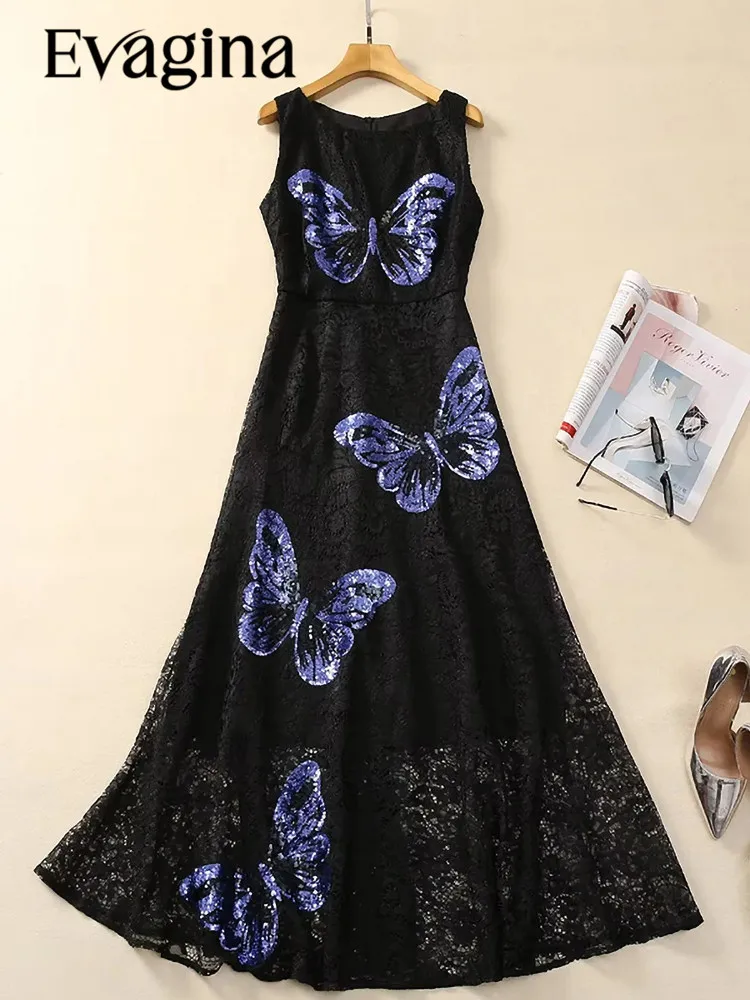 

Evagina New Fashion Runway Designer Women's Round Neck Sleeveless Butterfly Sequins Tulle Black Lace Dress