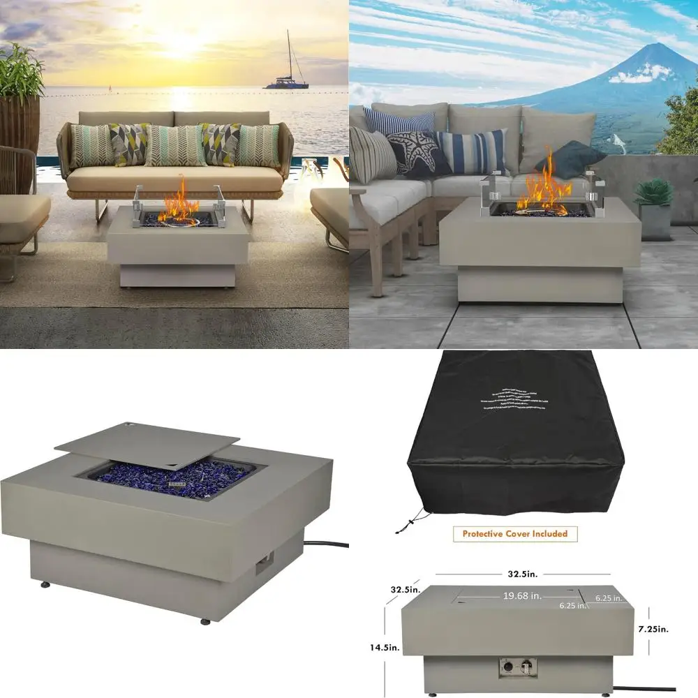 

Стол для газовой костра на открытом воздухе, 32,5 дюйма, 50 000 БТЕ, пропан, патио с ветрозащитным экраном, крышкой, стеклянными камнями, крышкой, долговечный