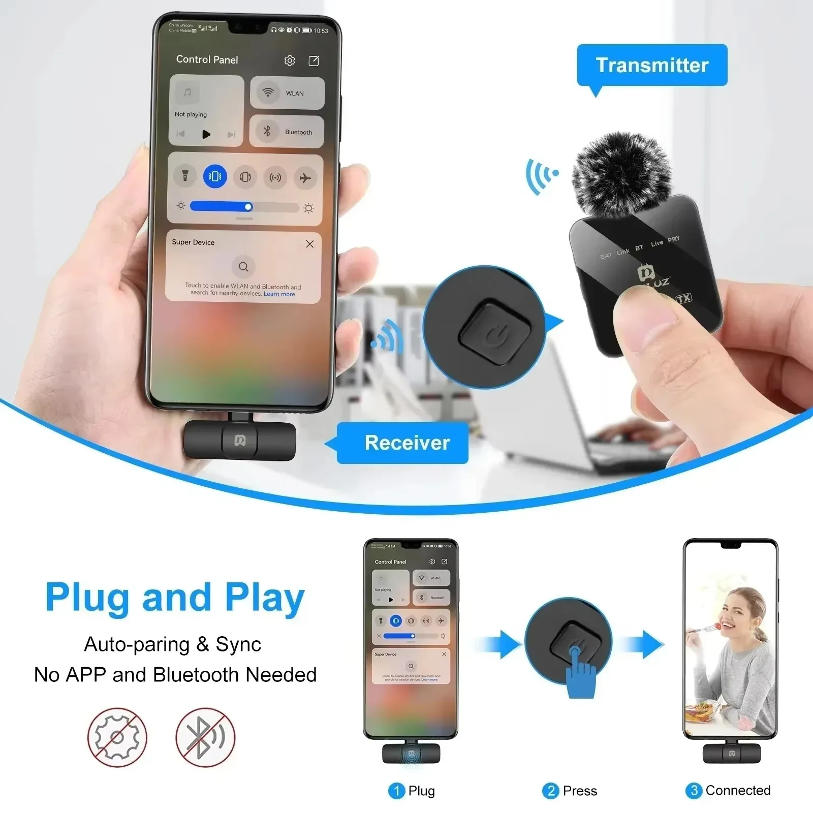 Wireless Lavalier Microphone ENC Noise Cancelling 2.4G for Type C Android Phone 1 Mic BT Reverb 48K 24bit 12H Vlog Recording