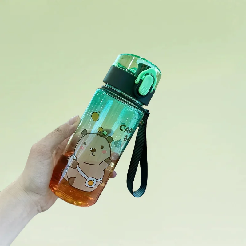

400ml Kids Water Bottle Cute Capybara Cartoon Plastic Cup Straw & Hand with Large Water Capacity Rope Outdoor Portable Bottle