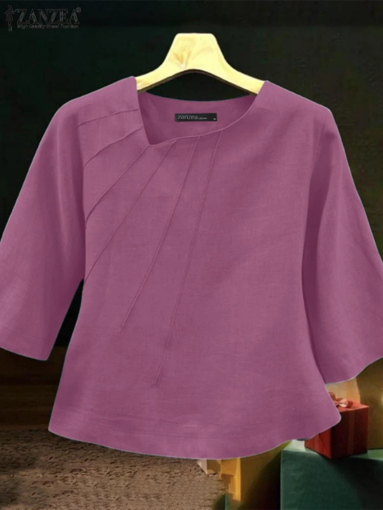 2025 ZANZEA بلوزات الخريف النساء خمر ملابس علوية من القطن 3/4 كم غير النظامية الرقبة Blusas أنيقة مطوي قميص العمل Mujer فام