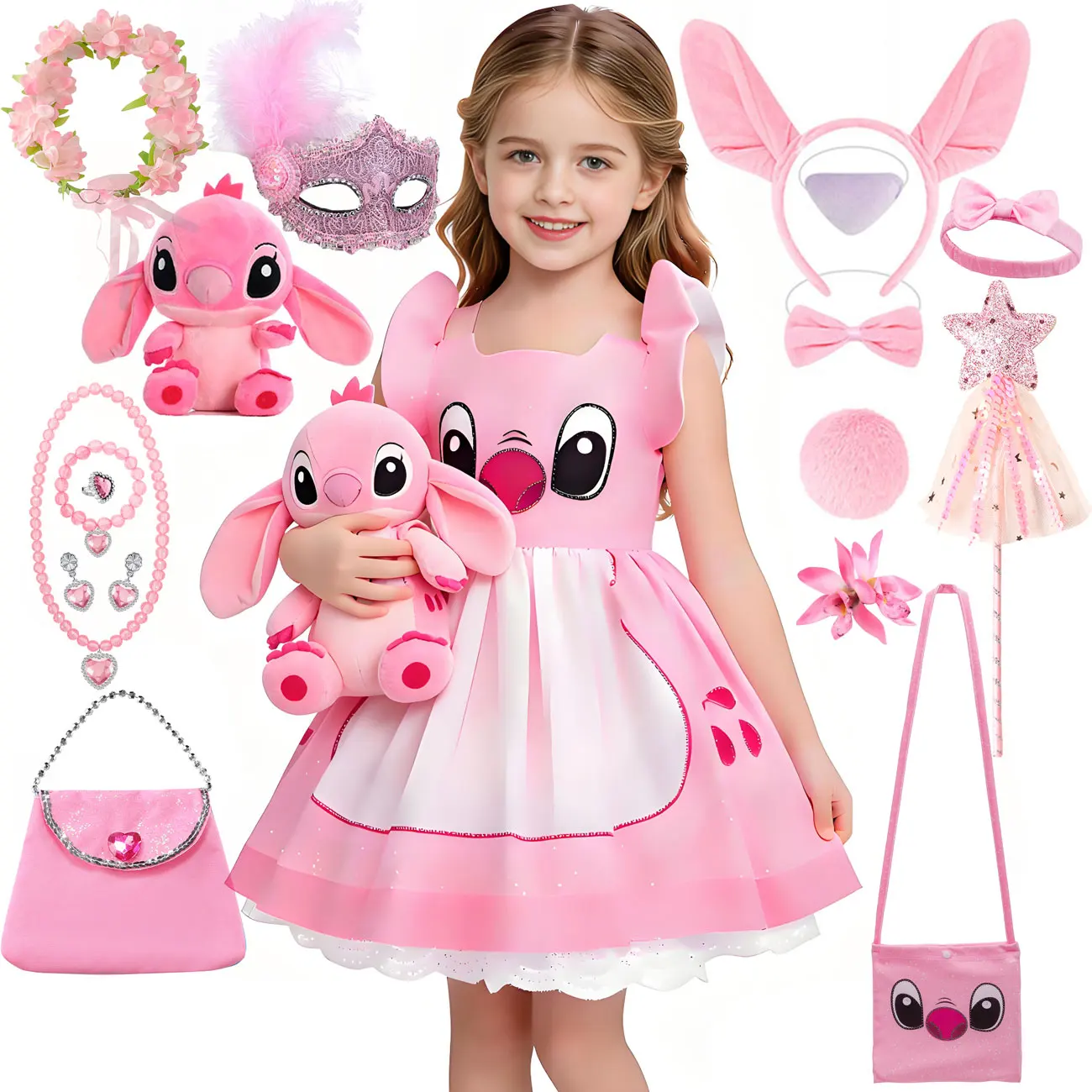 

Disney Lilo & Stitch Pink Princess Dress Girl Puffy Tutu Ball Gown Birthday Halloween Carnival Cosplay Elegant Party Angel Dress