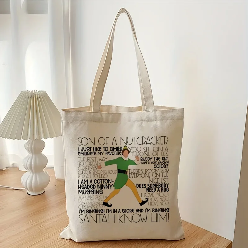 Buddy Elf Santa I Know Him Pattern Tote Bag Canvas for Travel Daily Women's Reusable Christmas Gift Trendy Folding Shoulder Bag