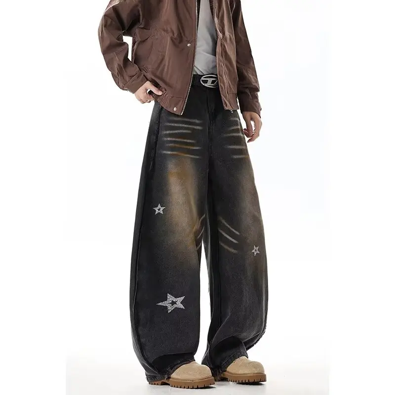 2025 الأمريكية الرجعية Y2K الشارع الشهير القذرة غسلها فضفاض مكدسة الجينز السراويل للرجال الملابس مستقيم سراويل جينز مودا Hombre