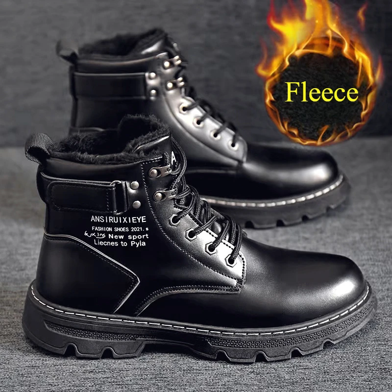 Winter Men's High Top Boots Trendy Black Motorcycle Boots Outdoor Warm Platform Boot Men Lace-up Leather Boots Bota Masculina