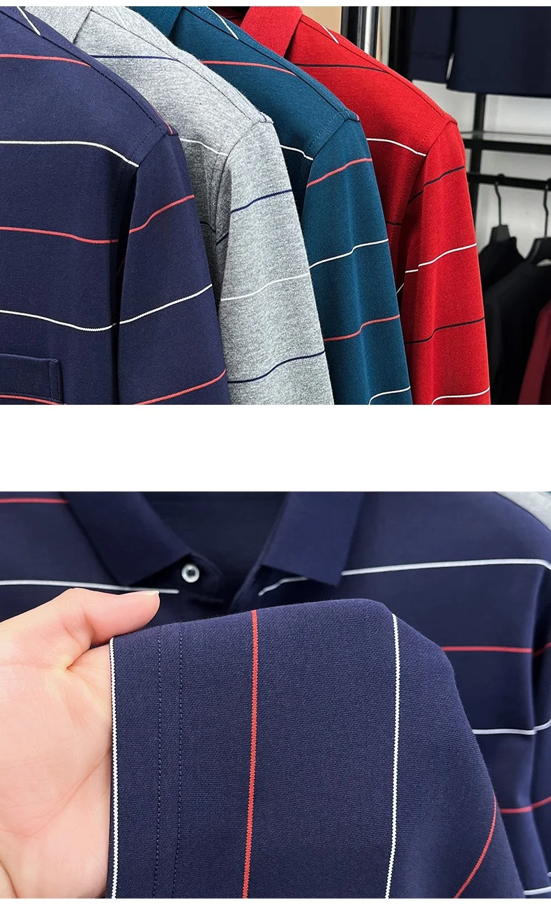 Hochwertiges gestreiftes Langarm-Poloshirt für Herren, neues Komfort-Taschendesign, Frühling/Herbst, luxuriöses Business-Casual-T-Shirt. – Detail 22