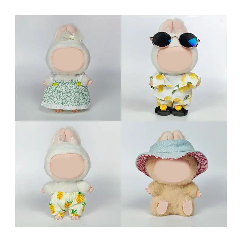 

For Labubu Doll Clothes Set Cute Bunny Outfit Green Daisy Dress Straw Hat Green Crocodile Shoes Knitted Hat for Plush Toy
