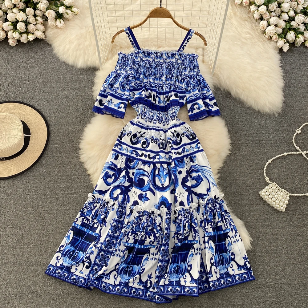 Summer Fashion Runway Midi Dress Women's Cool Shoulder Flare Sleeve Blue and White Porcelain Printing Holiday Beach Vestidos