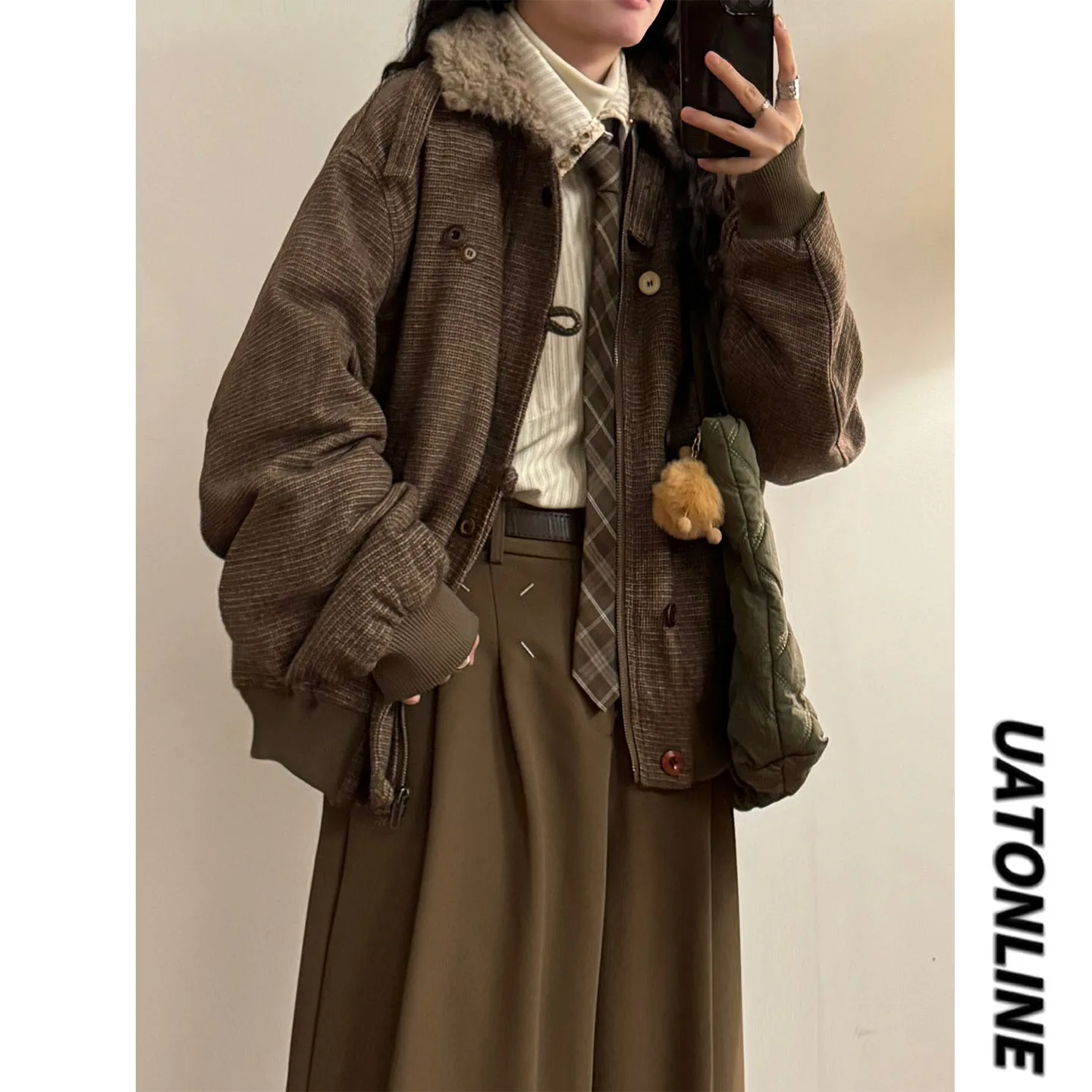 

UATONLINE Winter American Barn Sle Plaid Button Decorated Faux eepskin Collar Cotton Jaet Loose Fit Thiened Long Sve