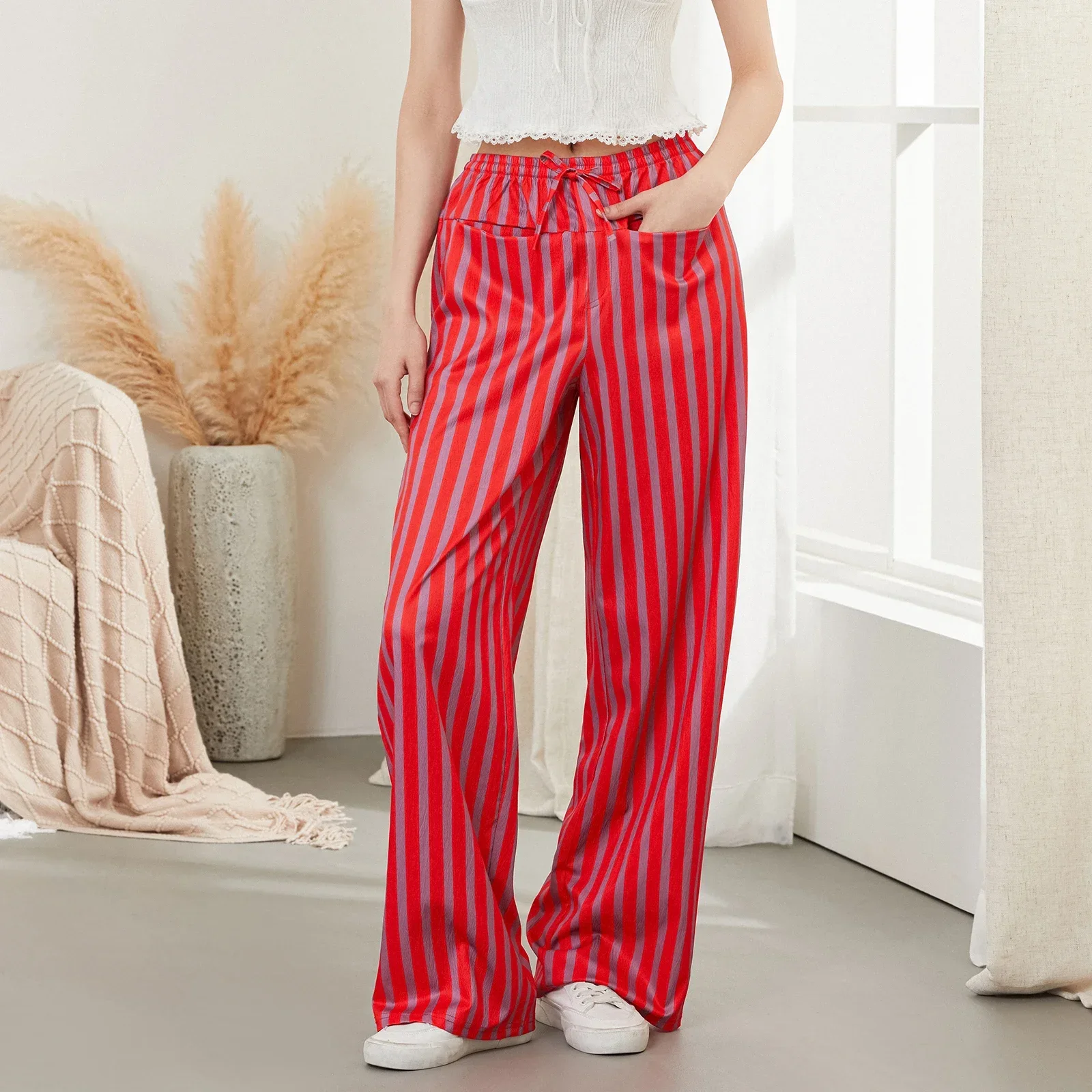 Mode Damen Baggy Pants Kordel zug Taille weites Bein gestreifte Hose mehrere Taschen Hosen Streetwear